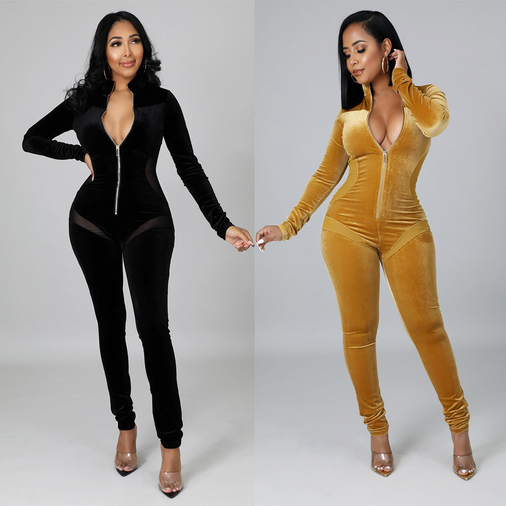 Sexy Skinny Gold Velvet Stitching Long-Sleeved Jumpsuit