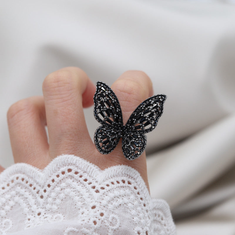 Black Crystal Butterfly Ring Earring Set For Women