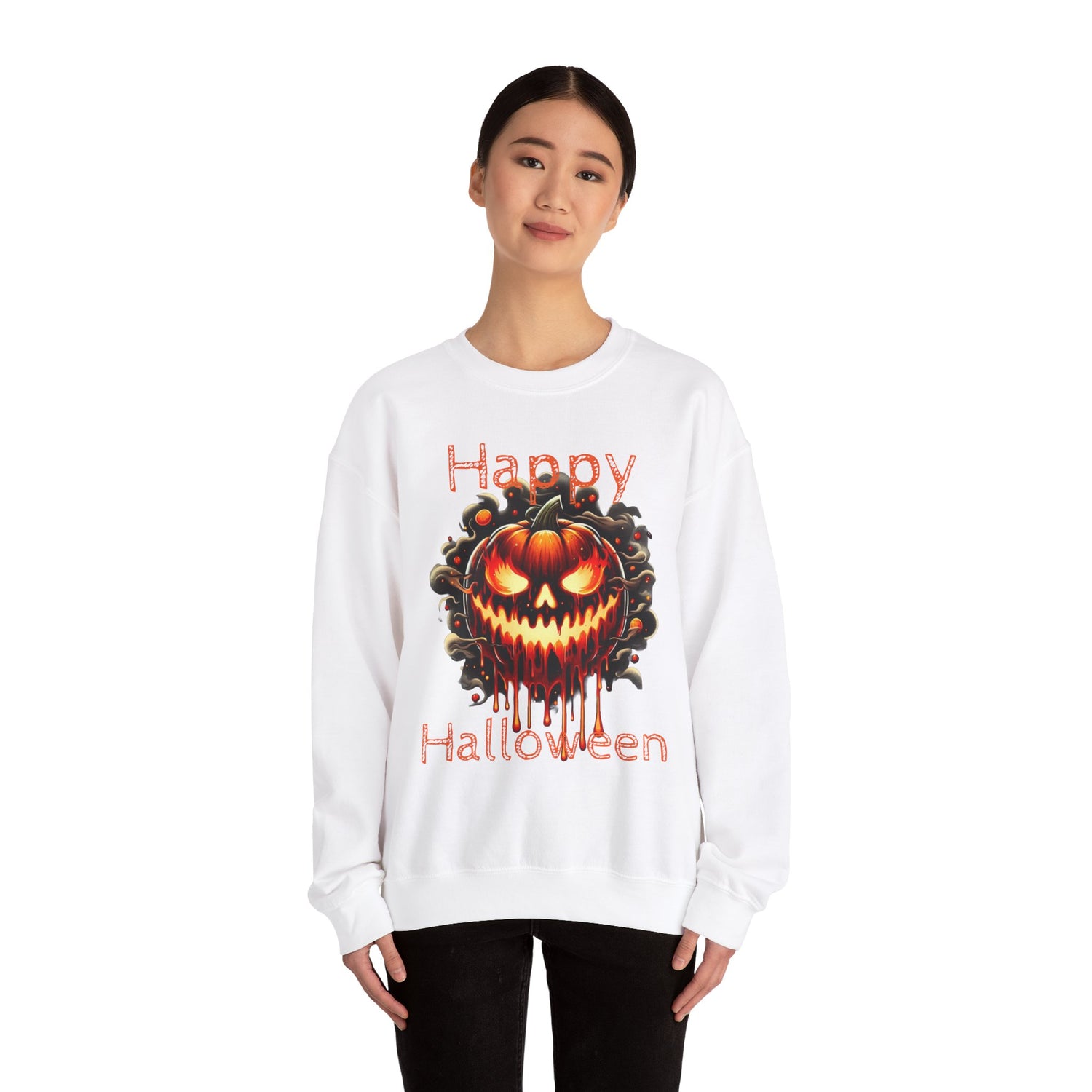 Happy Halloween Fire Pumpkin Unisex Sweatshirt, Long Sleeve Tee, Halloween Season Shirt, Melted Pumpkin Design, Halloween Costume, Fall