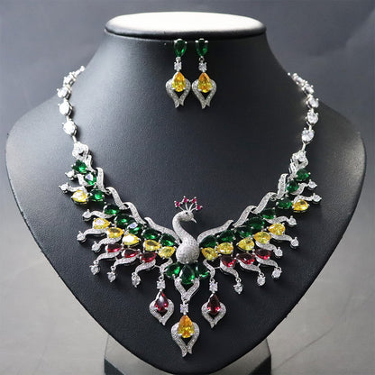 Ethnic Style Zircon Peacock Earring Set Tassel Colorful Clavicle Necklace Jewelry Set