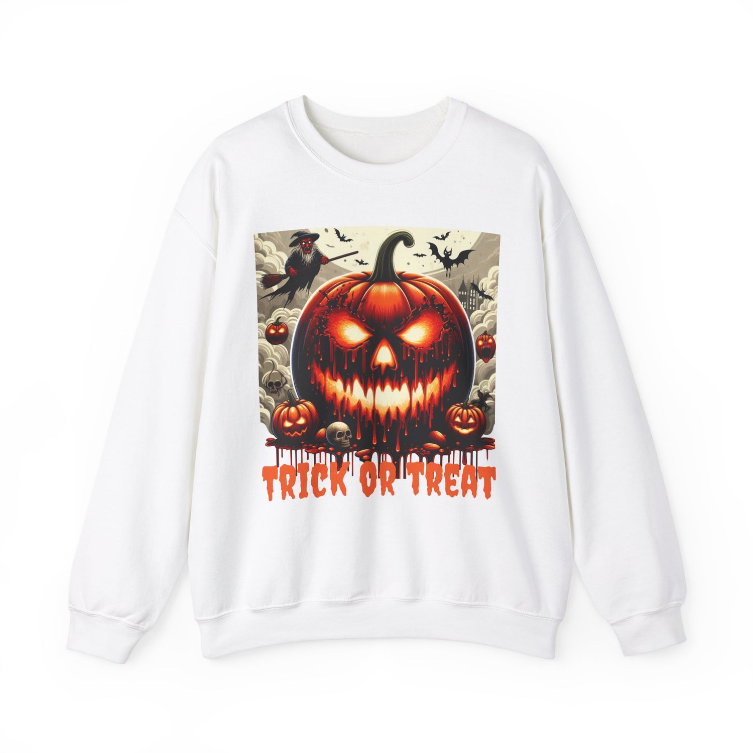 Spooky Halloween Unisex Sweatshirt, Scary Pumpkin Witch Bat Creepy Cloudy Sky, Holiday Season Gift, Halloween Costume, Trick or Treat Party