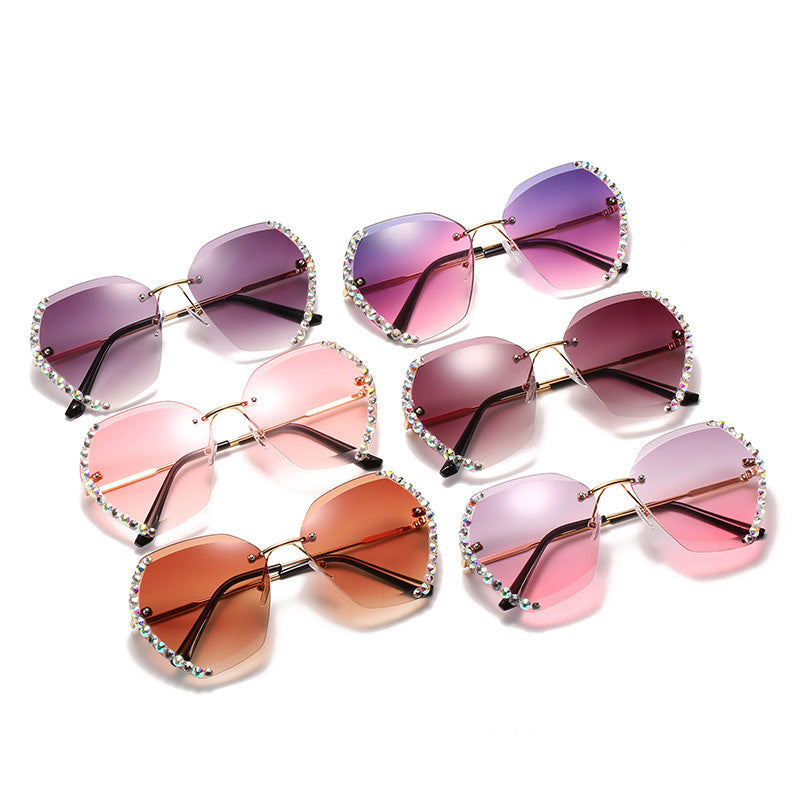 Rimless Sunglasses With Diamond-Studded Polygonal Sunglasses