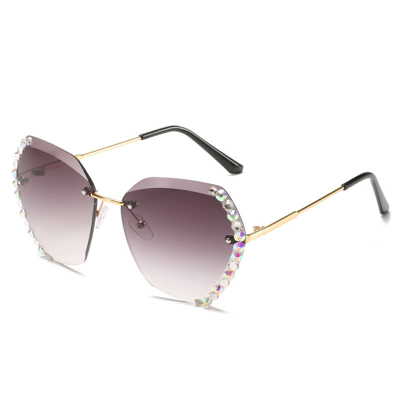 Rimless Sunglasses With Diamond-Studded Polygonal Sunglasses