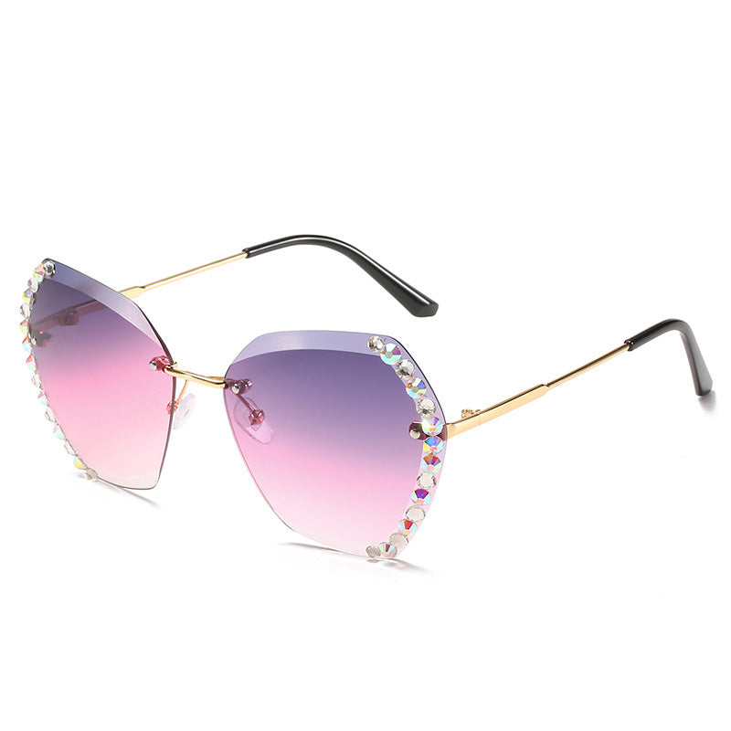 Rimless Sunglasses With Diamond-Studded Polygonal Sunglasses