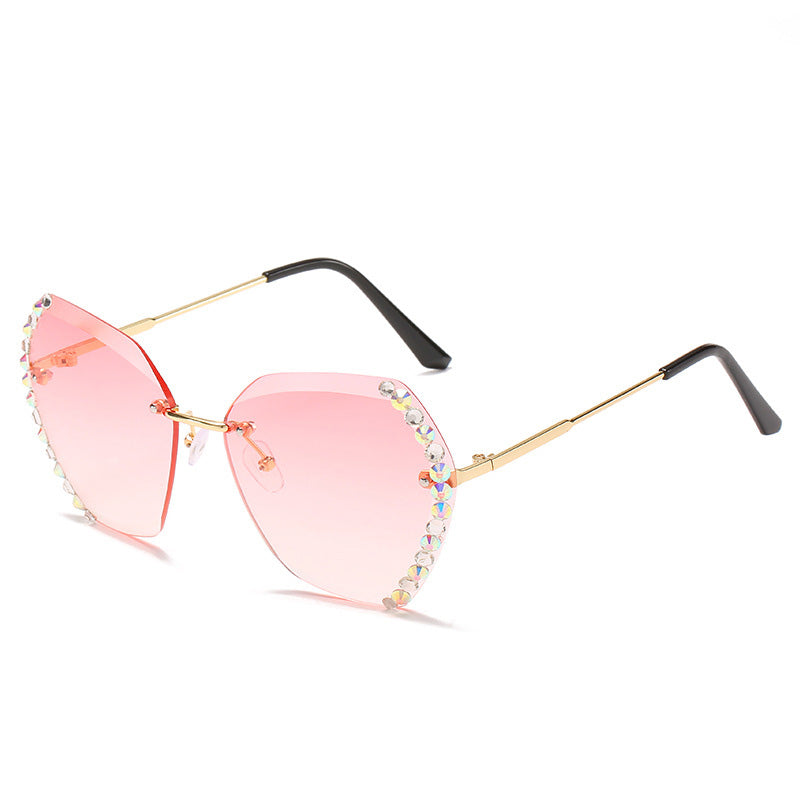 Rimless Sunglasses With Diamond-Studded Polygonal Sunglasses