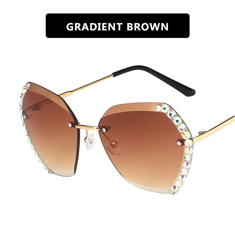 Rimless Sunglasses With Diamond-Studded Polygonal Sunglasses