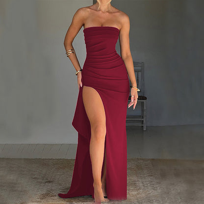 Strapless Split Long Pleated Dress