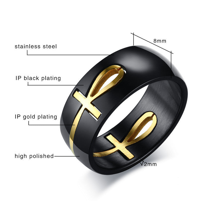 Separable Ankh Egyptian Cross Ring Men Personalized Black Gold Stainless Steel Key of Life