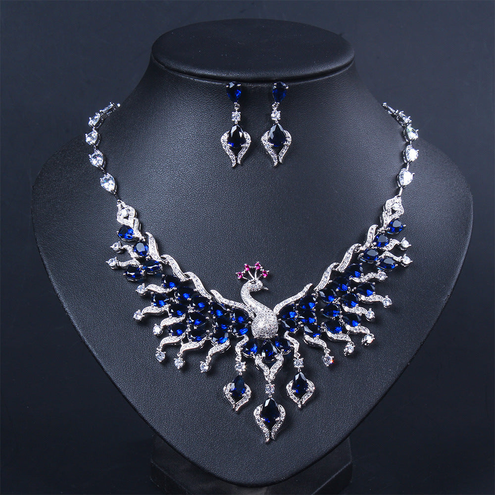 Ethnic Style Zircon Peacock Earring Set Tassel Colorful Clavicle Necklace Jewelry Set