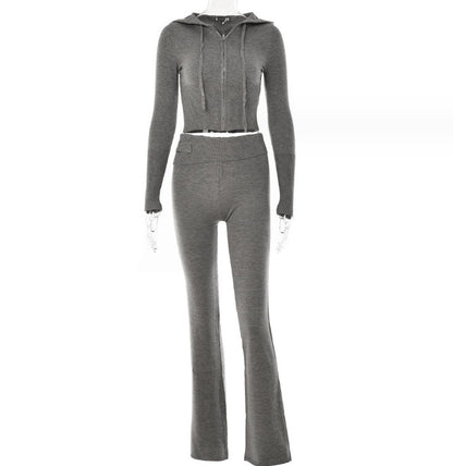 Hoodie Leisure Sexy Zip Long Sleeve Sweater Suit  And High Waist Long Pants Set