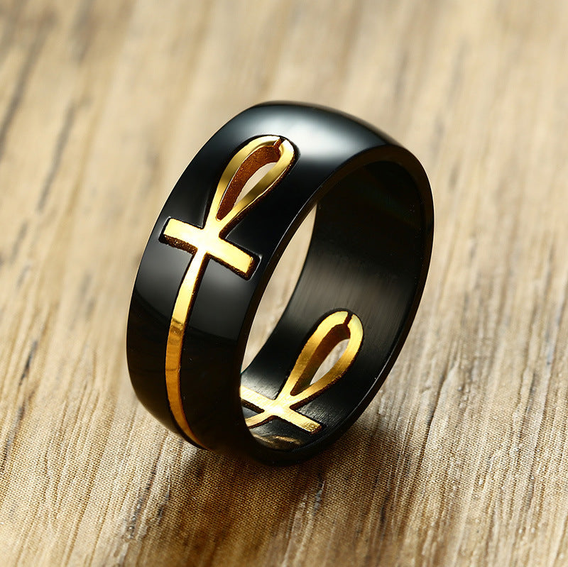 Separable Ankh Egyptian Cross Ring Men Personalized Black Gold Stainless Steel Key of Life