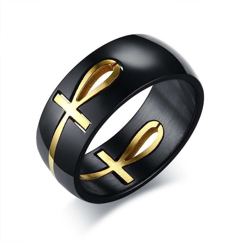 Separable Ankh Egyptian Cross Ring Men Personalized Black Gold Stainless Steel Key of Life