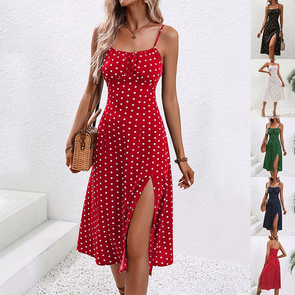 New Polka Dot Print Suspender Sexy Slit Long Summer Dress