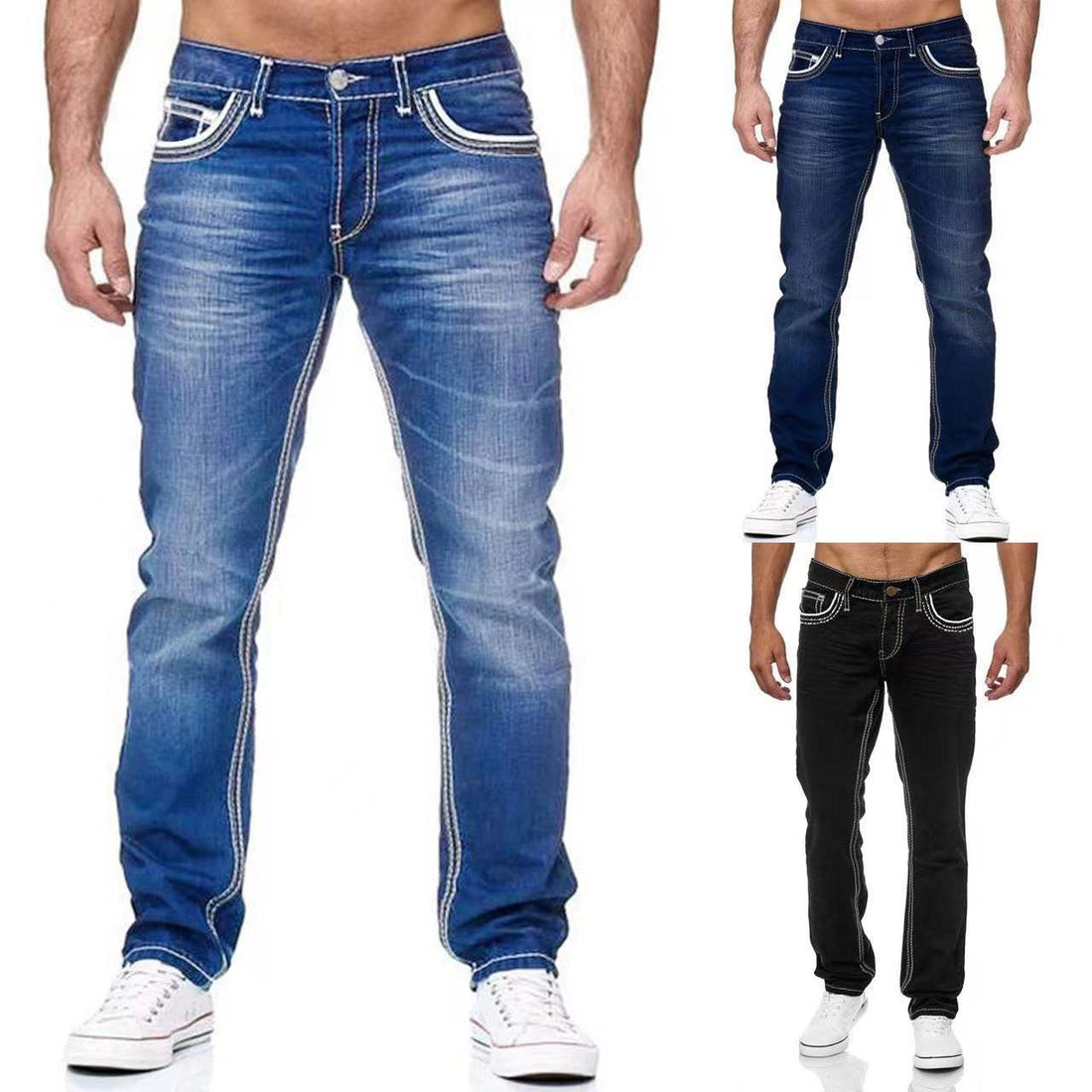 Men Jeans With Pockets Straight Pants Business Casual Daily Streetwear Trousers Men&