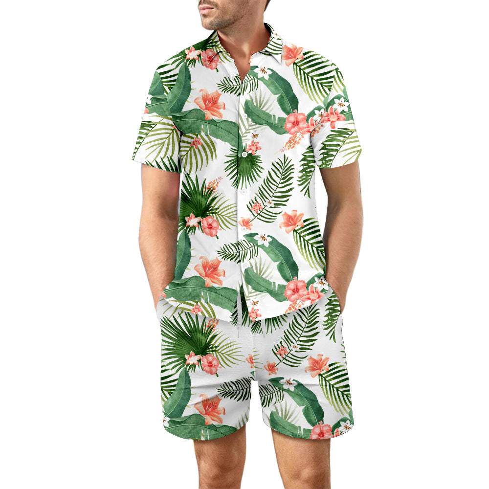 2Pcs Printed Beach Shirt Summer Suit Loose Lapel Button Top And Drawstring Pockets Shorts