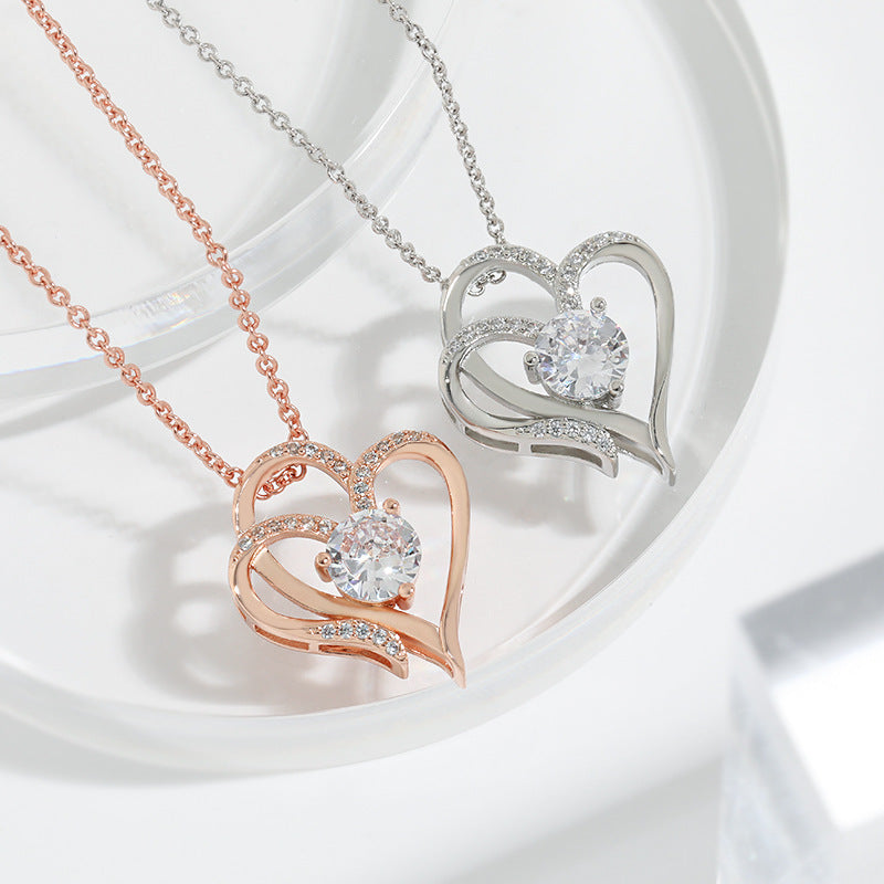 Zircon Double Love Necklace With Rhinestones Heart-shaped Necklace