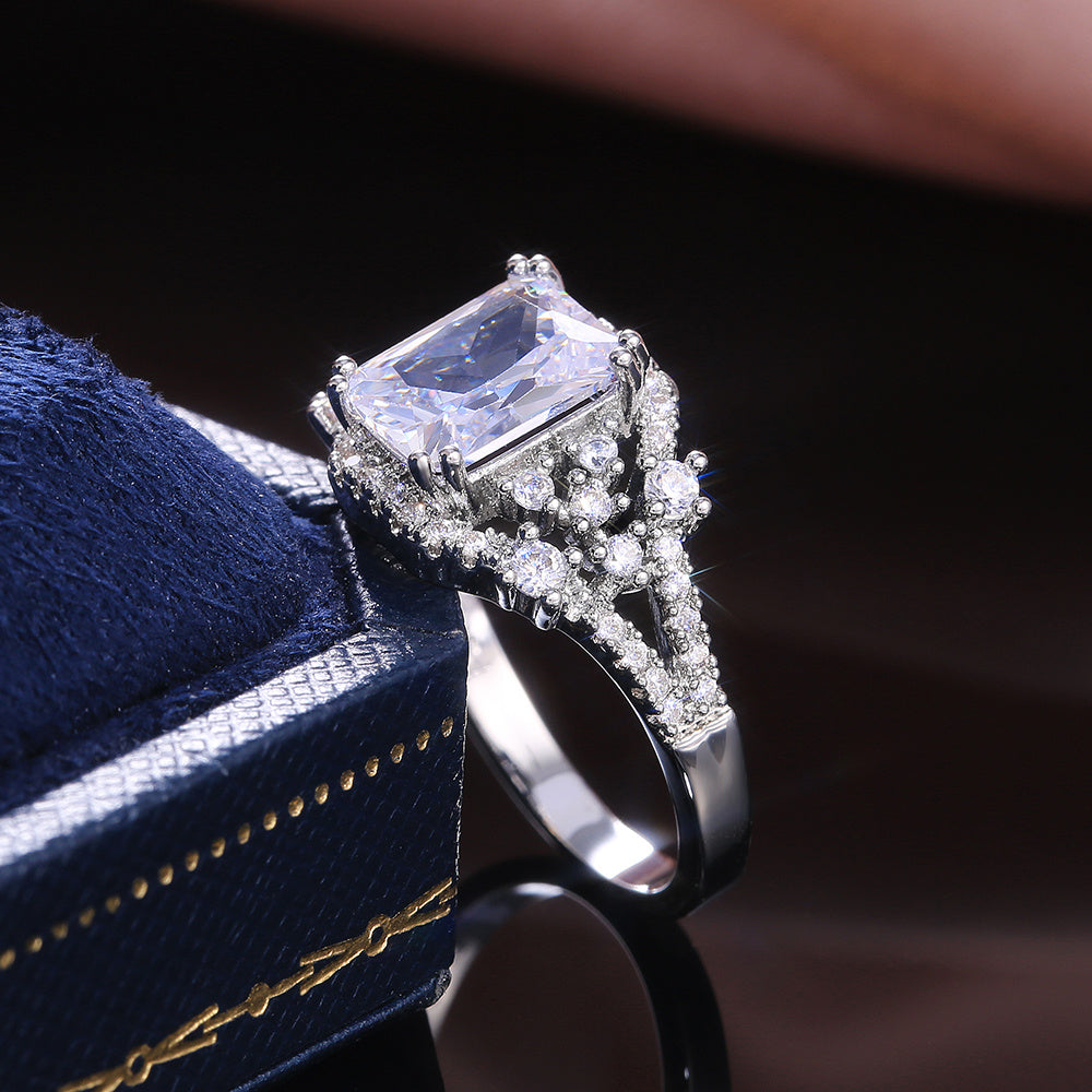 Luxury Silver Color AAA Princess Cut Square Crystal Zircon Stone Ring