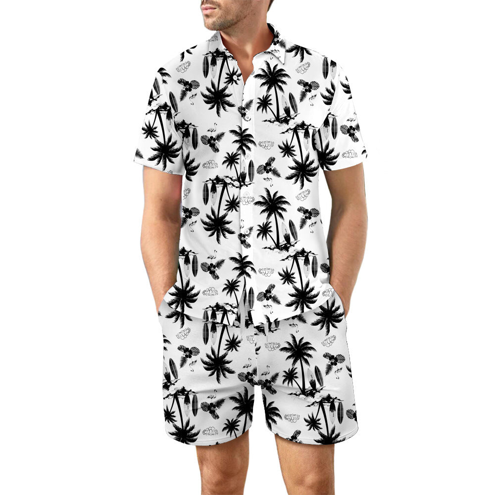 2Pcs Printed Beach Shirt Summer Suit Loose Lapel Button Top And Drawstring Pockets Shorts