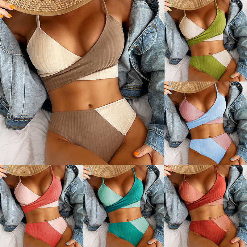 Bikini Patchwork Swimwear Ribbed Women&