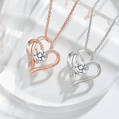 Zircon Double Love Necklace With Rhinestones Heart-shaped Necklace