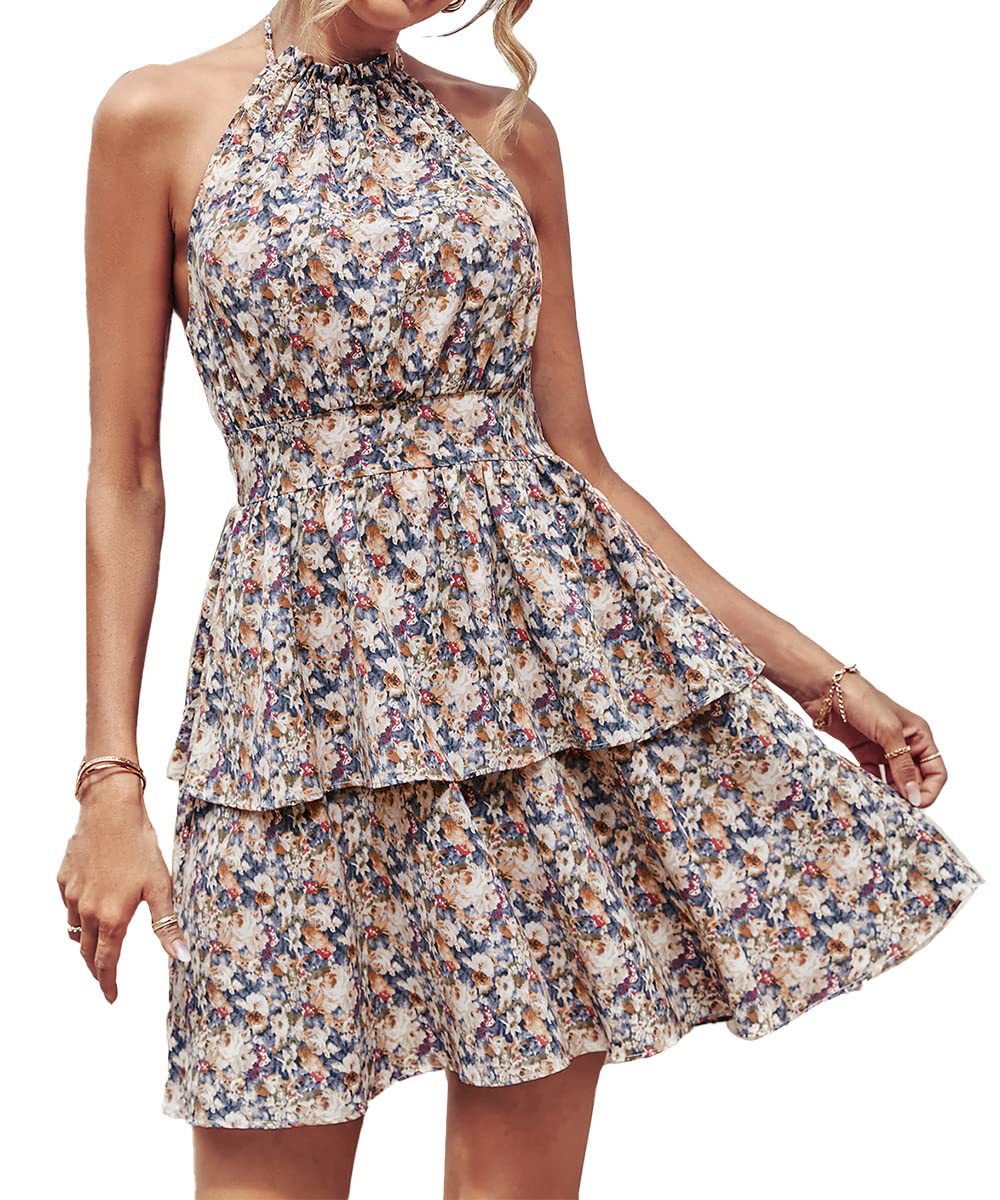 Summer Printed Halter  Fashion Boho Backless Ruffled A-Line Beach Dress