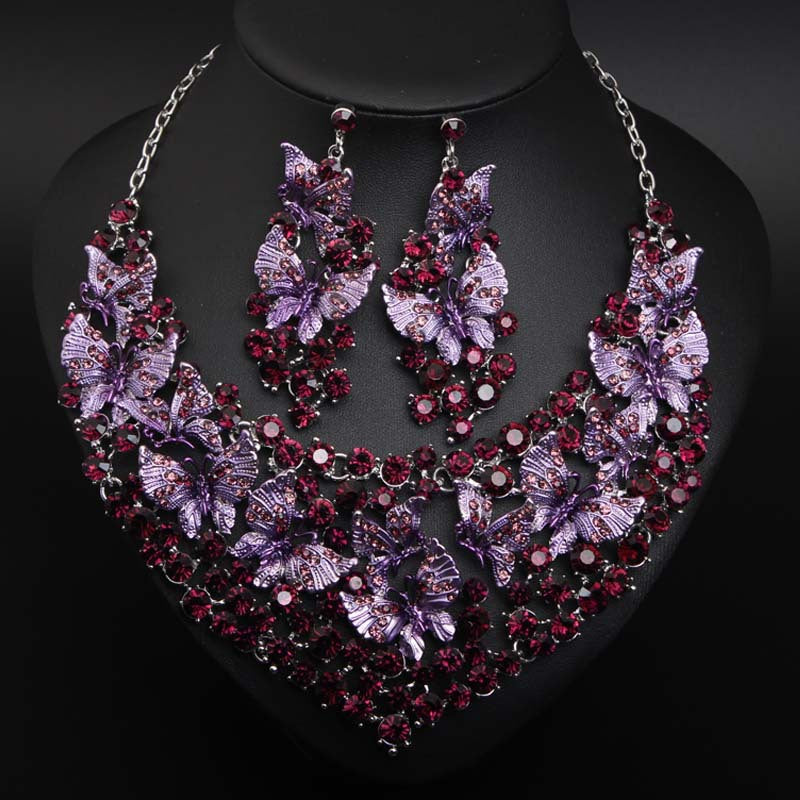 Butterfly Painting Oil Diamond Necklace And Earring Set