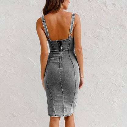 New U-neck Suspender Denim Dress Summer Casual Tight Slim Fit Dress