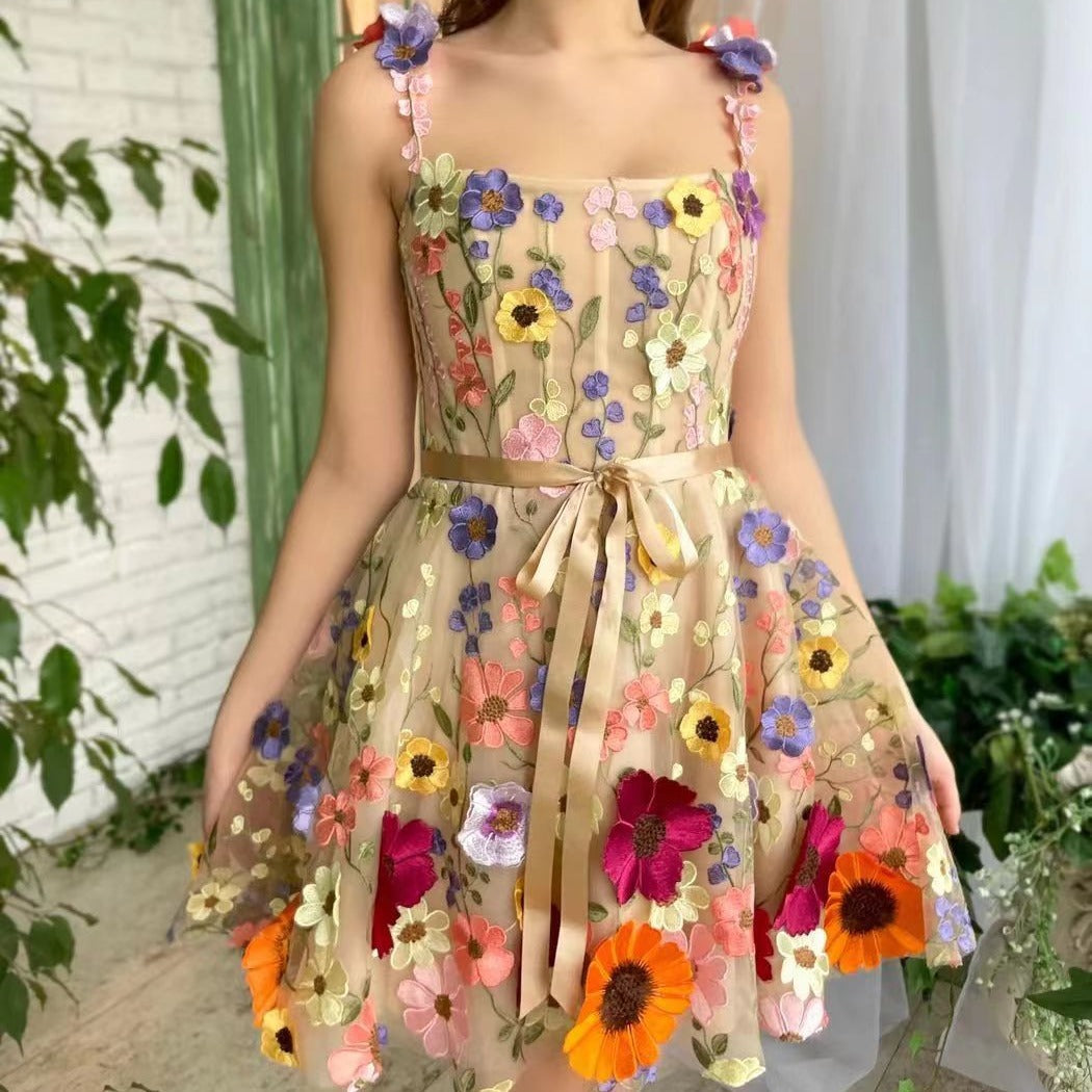 Three-dimensional Flower Embroidery Summer Fashion Sweet A-line Dress