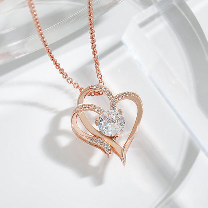 Zircon Double Love Necklace With Rhinestones Heart-shaped Necklace