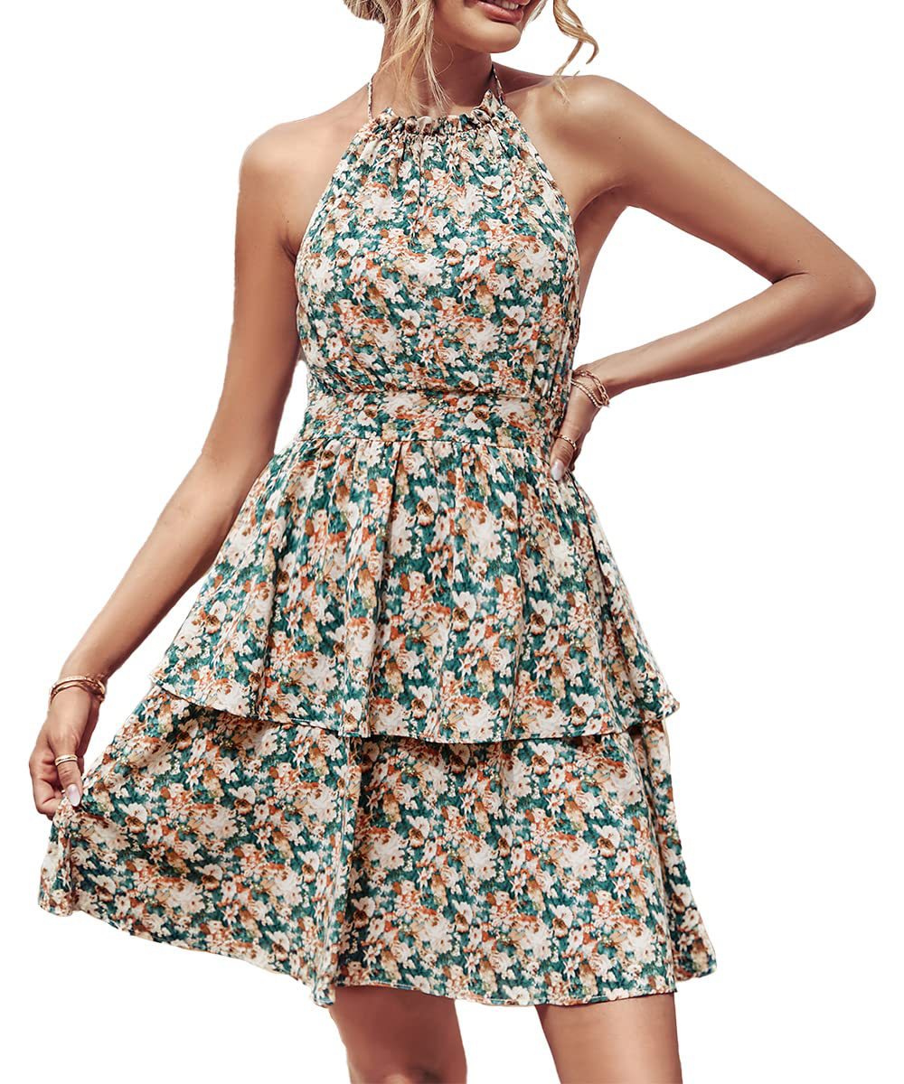 Summer Printed Halter  Fashion Boho Backless Ruffled A-Line Beach Dress