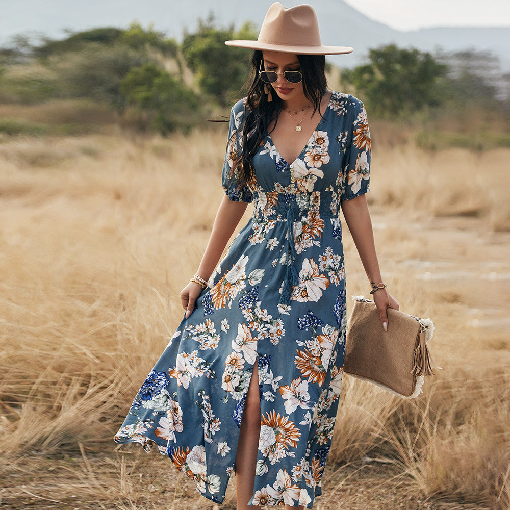 Floral Summer Beach Dress With V Neck Elastic Waist