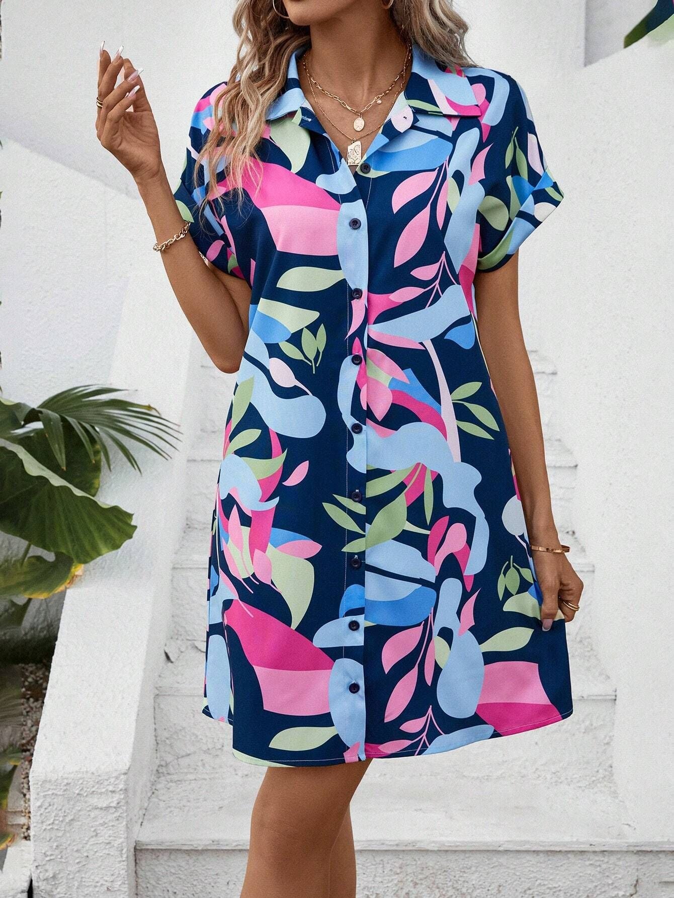 New Floral Print Short Sleeve Summer Fashion Lapel Loose A-line Dress