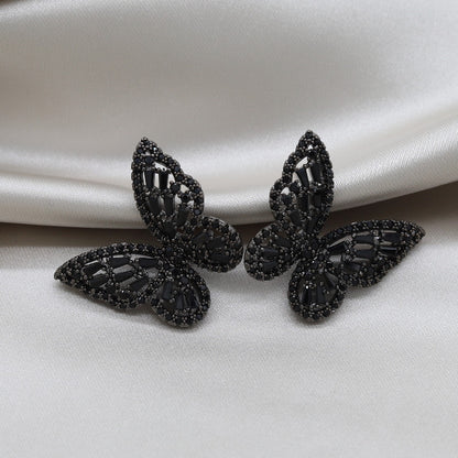 Black Crystal Butterfly Ring Earring Set For Women