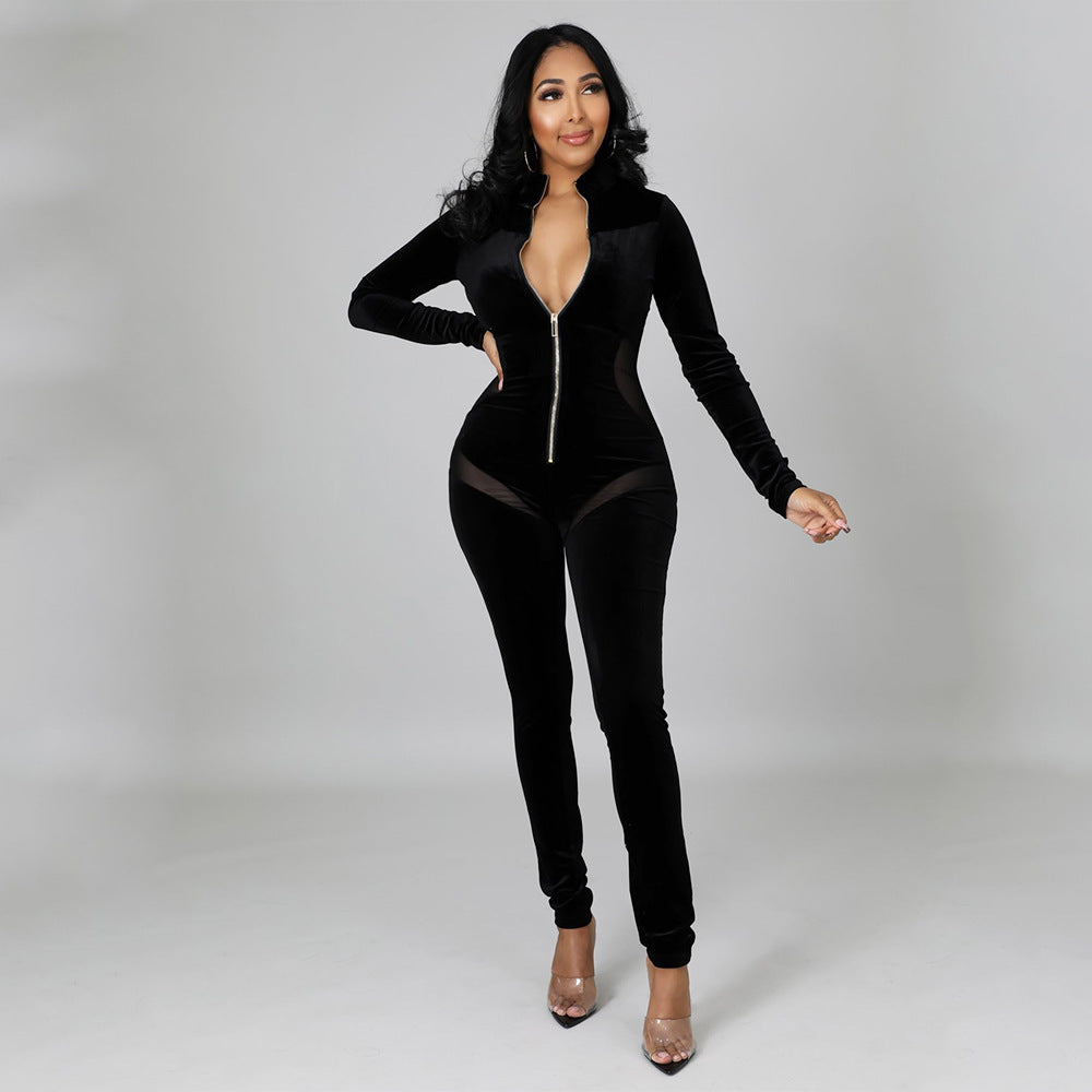 Sexy Skinny Gold Velvet Stitching Long-Sleeved Jumpsuit