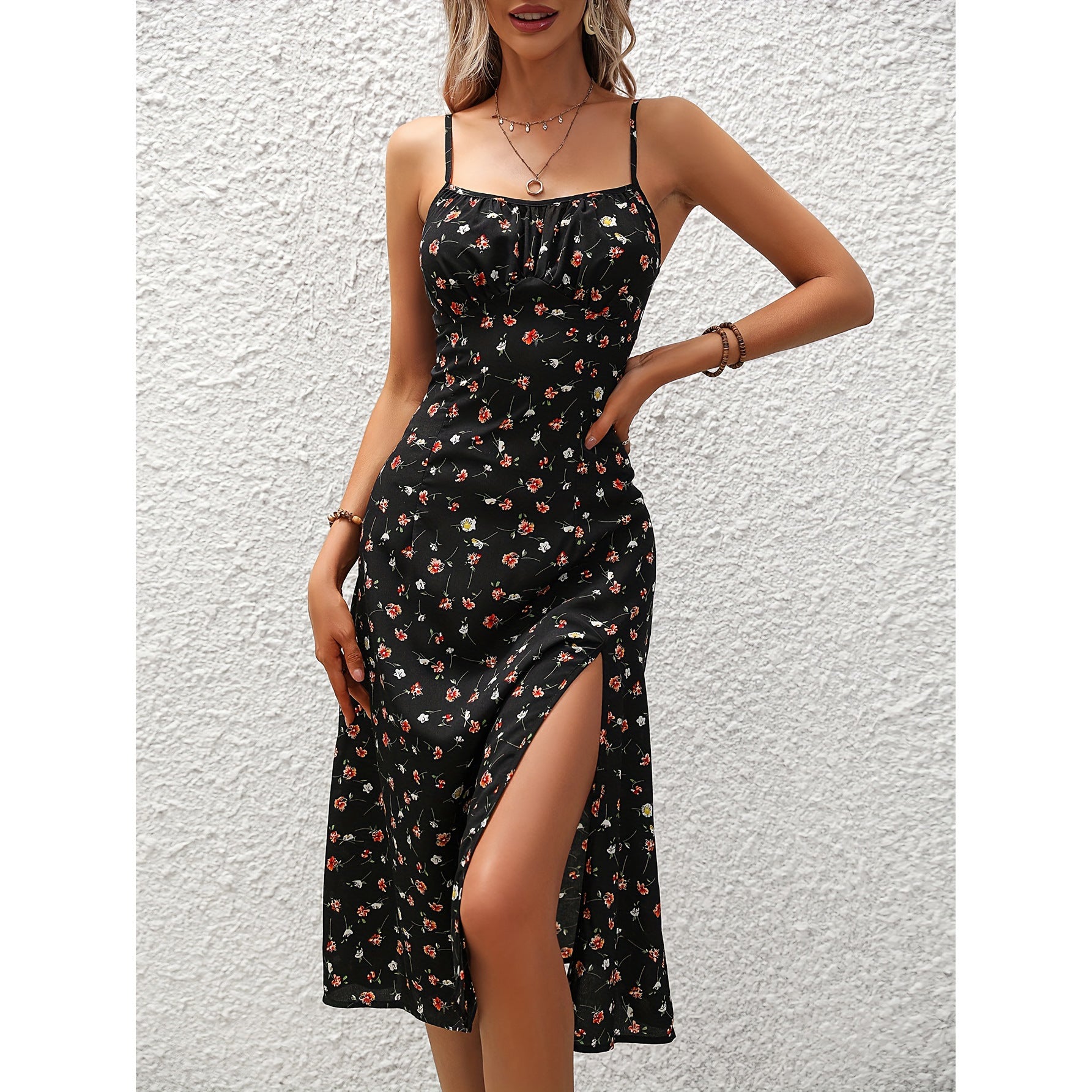 New Polka Dot Print Suspender Sexy Slit Long Summer Dress