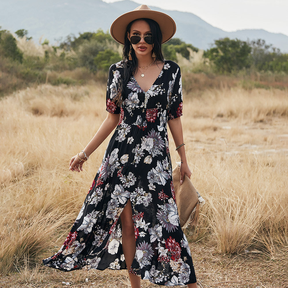 Floral Summer Beach Dress With V Neck Elastic Waist