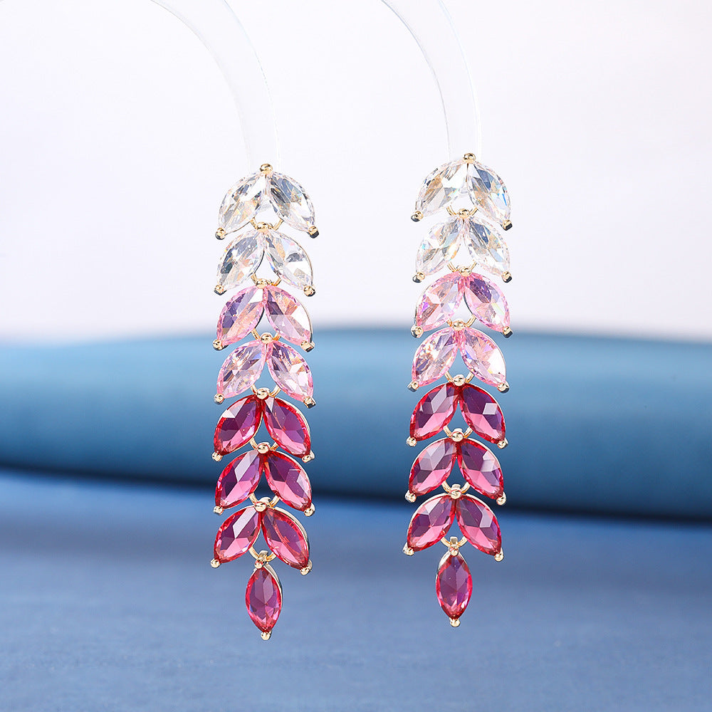 Wheat Ear Studs Gradient Color Diamond Water Drop Leaf-shaped Earring Socialite Tassel Trendy Grace