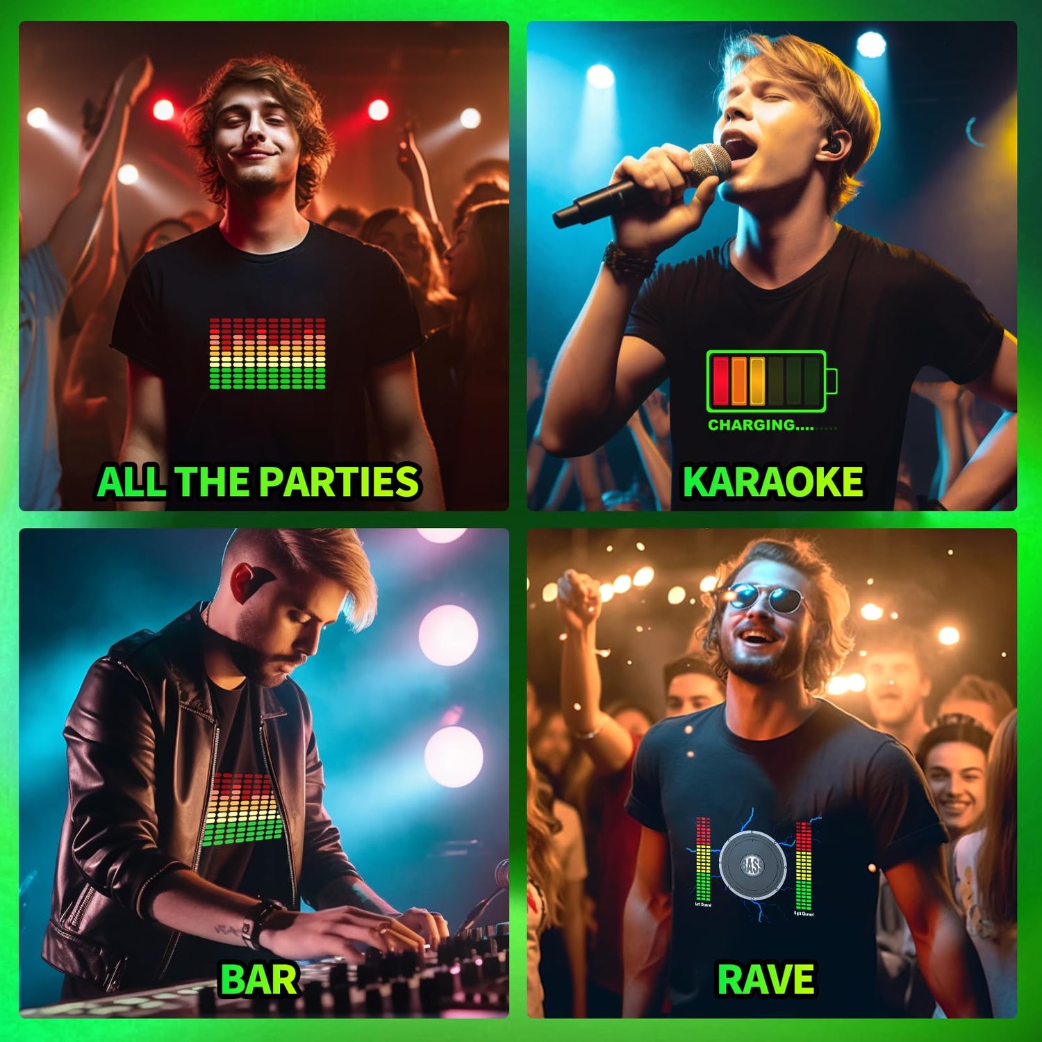 LED T Shirt Sound Activated Light Up Rave Shirts Glow in The Dark for Party Black