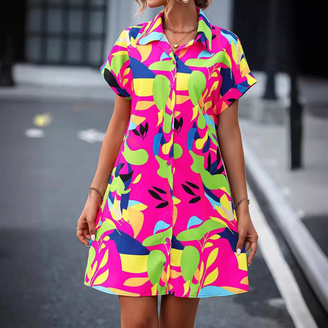 New Floral Print Short Sleeve Summer Fashion Lapel Loose A-line Dress