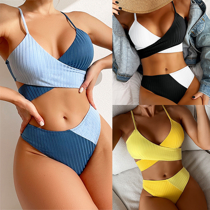 Bikini Patchwork Swimwear Ribbed Women&