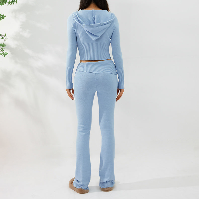 Hoodie Leisure Sexy Zip Long Sleeve Sweater Suit  And High Waist Long Pants Set