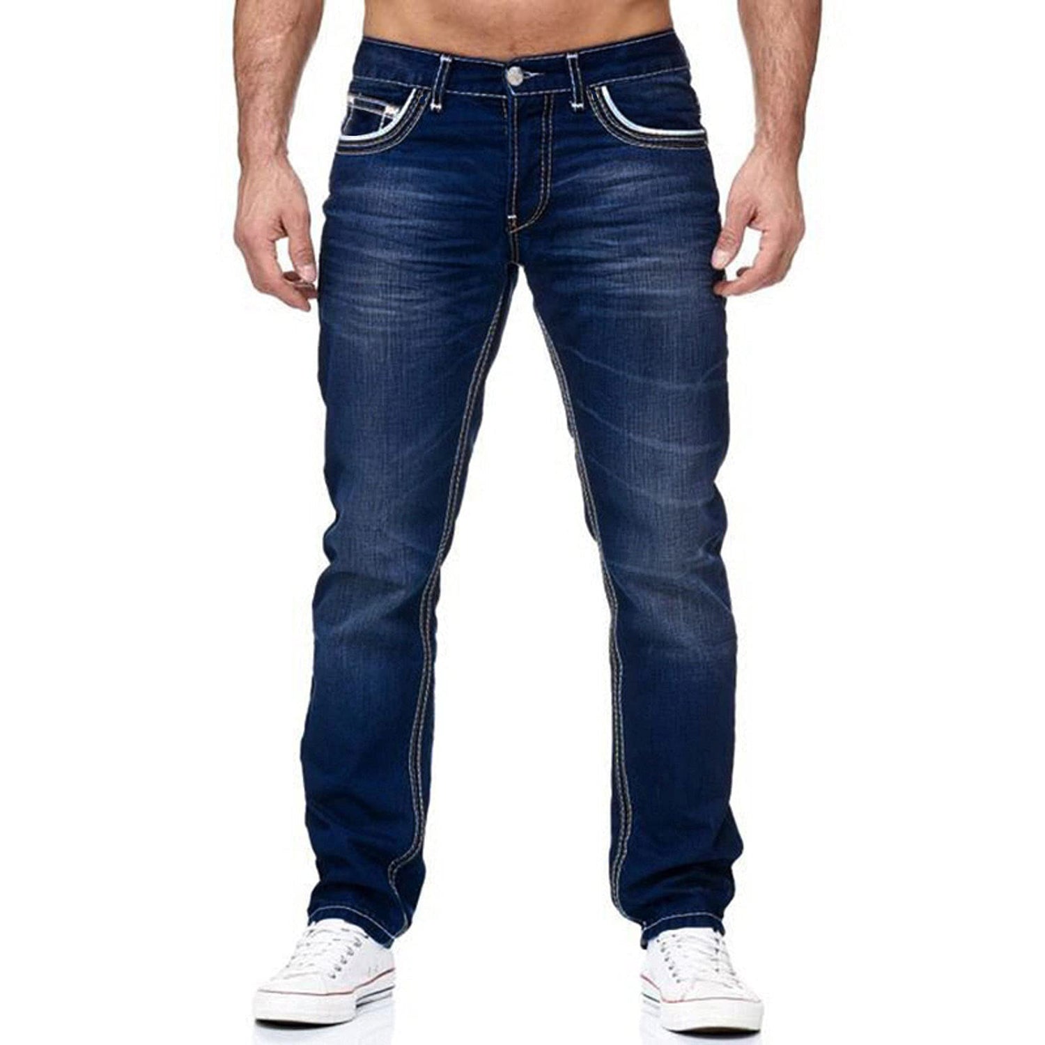 Men Jeans With Pockets Straight Pants Business Casual Daily Streetwear Trousers Men&