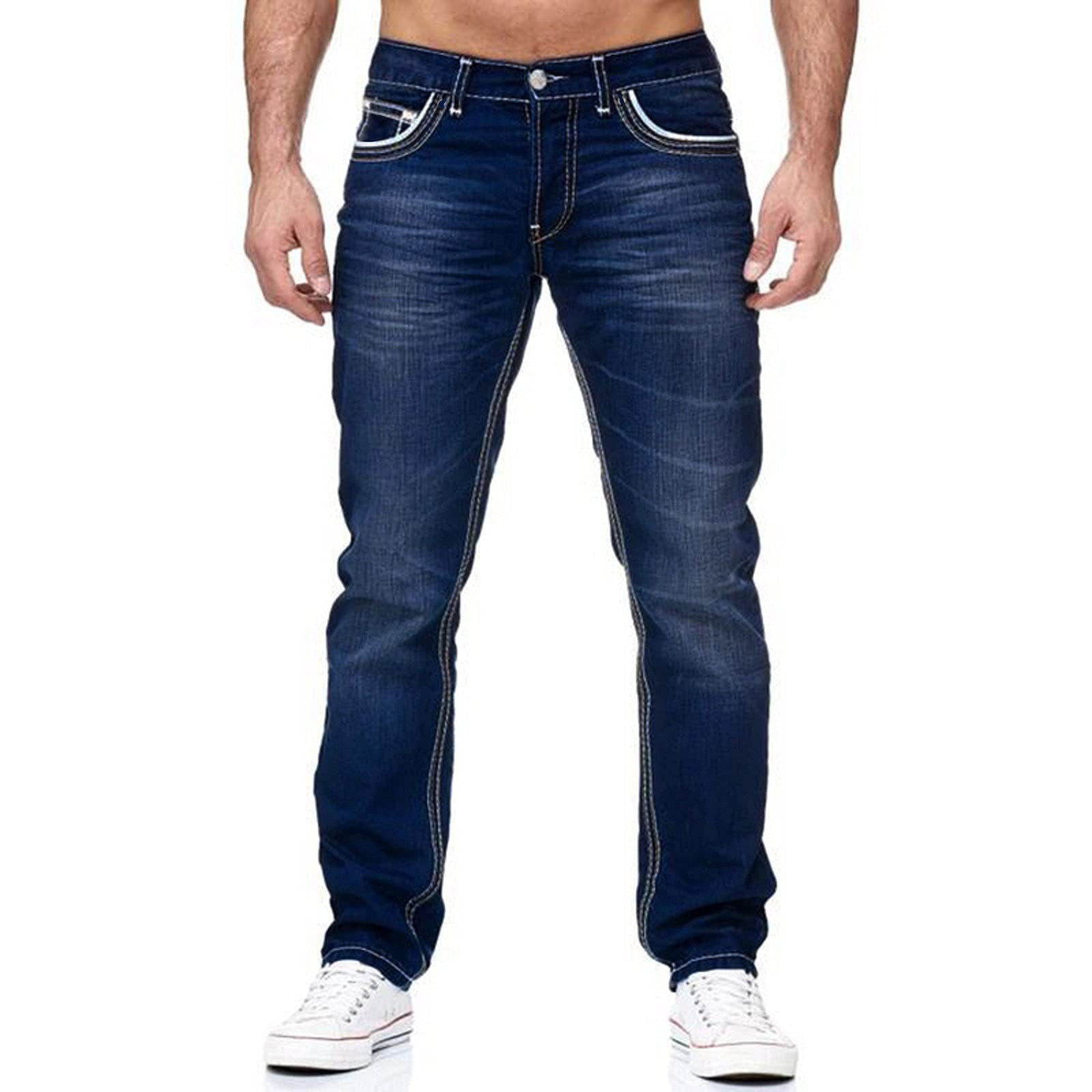 Men Jeans With Pockets Straight Pants Business Casual Daily Streetwear Trousers Men&