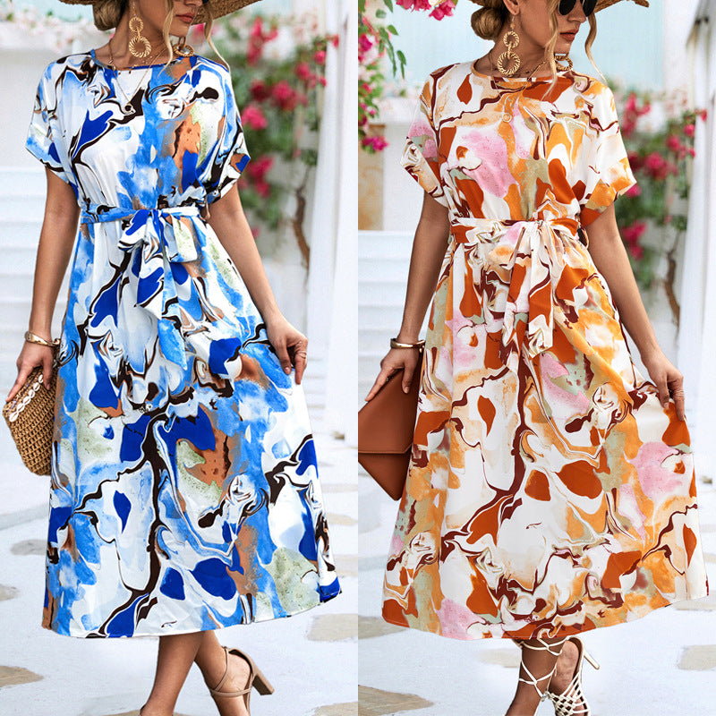 Summer Print Short-sleeved Loose Lace-up A-line Long Casual Dress