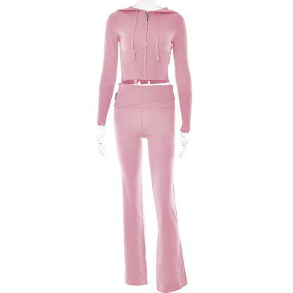 Hoodie Leisure Sexy Zip Long Sleeve Sweater Suit  And High Waist Long Pants Set