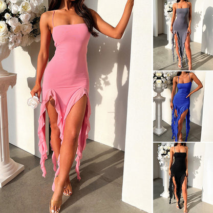 Sexy Suspender Tight Slim Split Ruffle Design Summer Dress