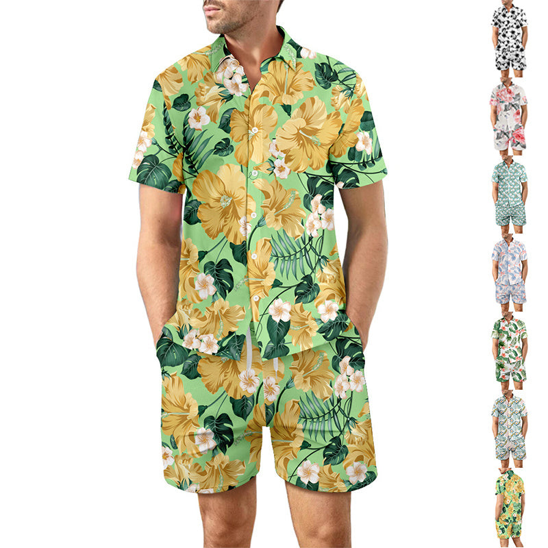 2Pcs Printed Beach Shirt Summer Suit Loose Lapel Button Top And Drawstring Pockets Shorts