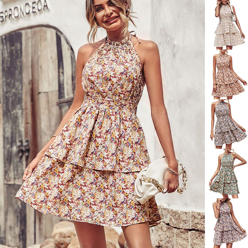 Summer Printed Halter  Fashion Boho Backless Ruffled A-Line Beach Dress