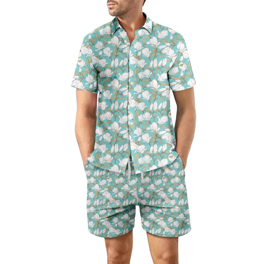 2Pcs Printed Beach Shirt Summer Suit Loose Lapel Button Top And Drawstring Pockets Shorts