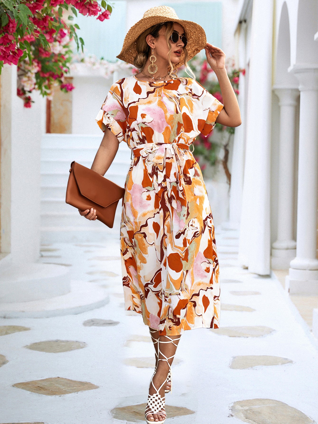 Summer Print Short-sleeved Loose Lace-up A-line Long Casual Dress